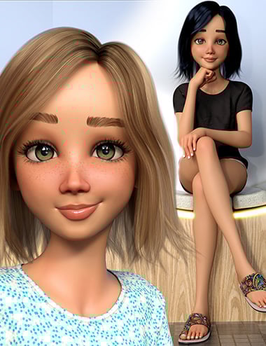 Cartoon Adult Female 3 Character, Hair, and Outfit for Genesis 9
